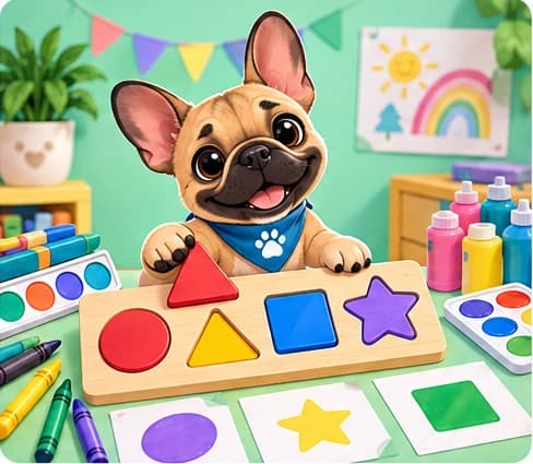 PlayPuppy exploring colorful shapes, crayons, and paints