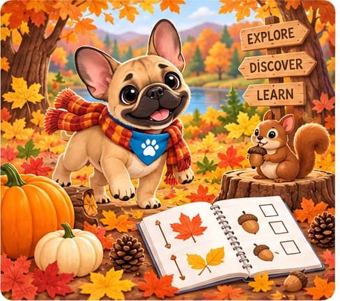 PlayPuppy exploring autumn leaves, pumpkins, and acorns