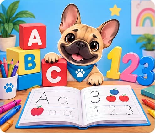PlayPuppy with alphabet blocks, numbers, and a tracing workbook